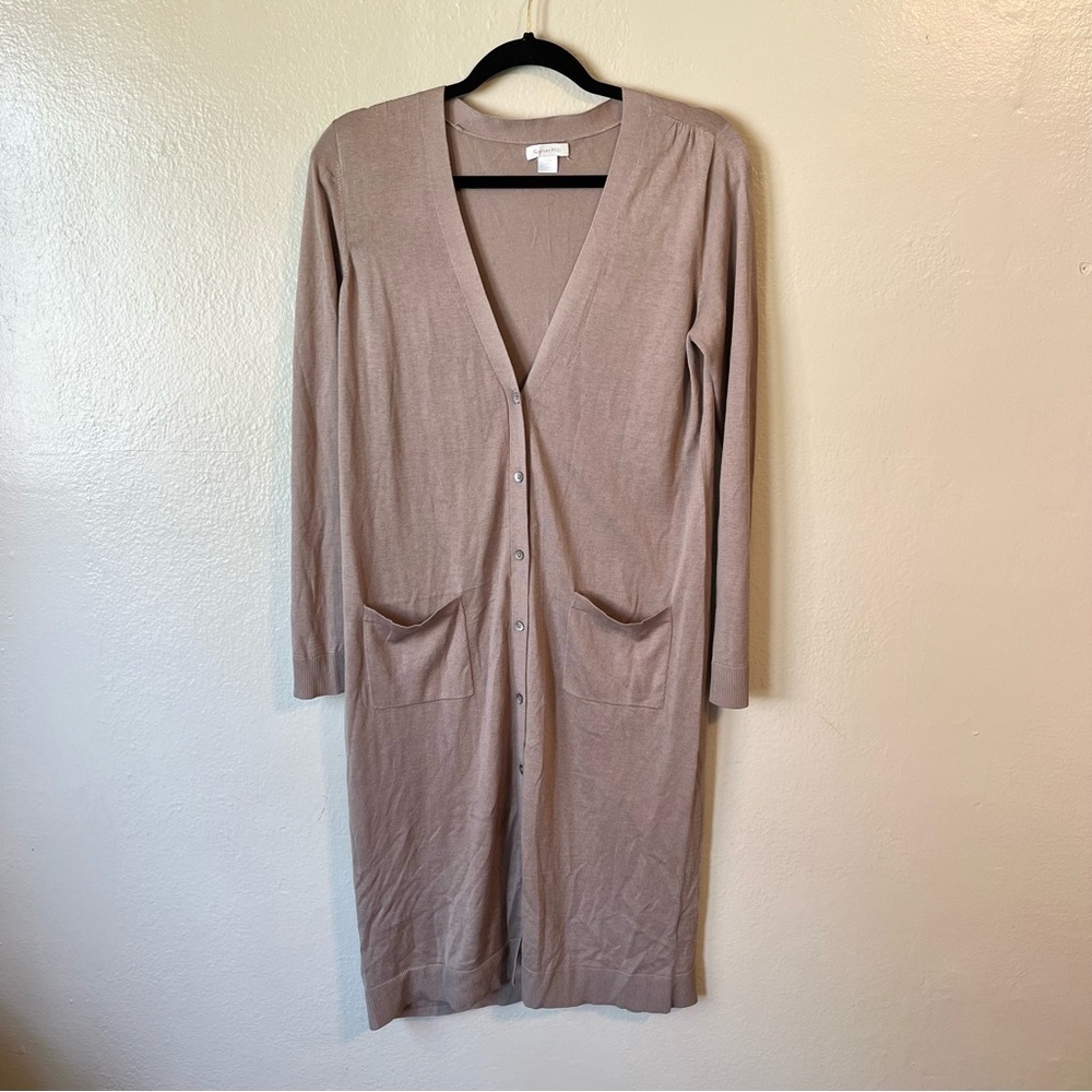 Garnet Hill Longline Silk Cotton Cardigan Button Front size L Beige‎